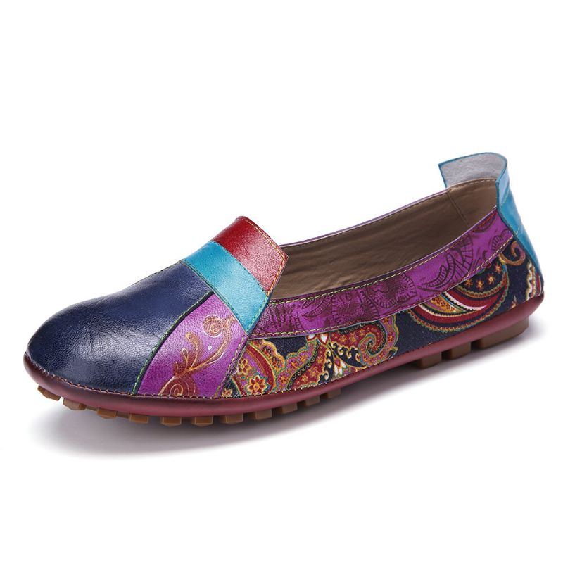 Böhmisches Weiches Leder Für Damen Mit Floralem Spleißen Bequeme Lässige Slip On Loafer Flache Schuhe