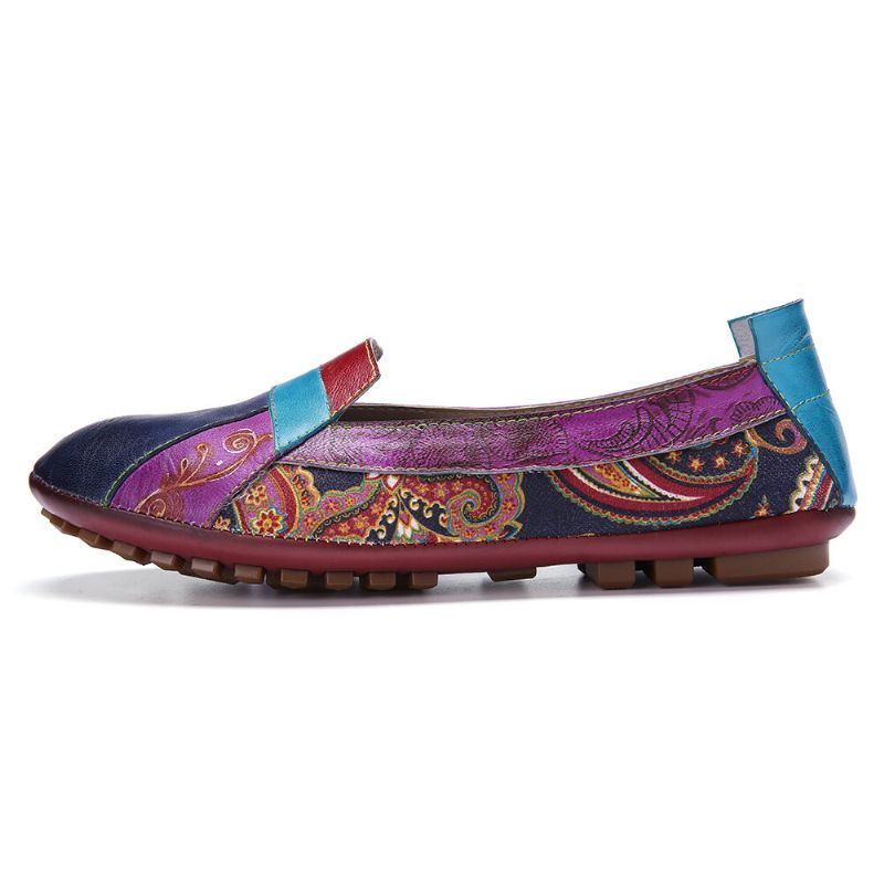 Böhmisches Weiches Leder Für Damen Mit Floralem Spleißen Bequeme Lässige Slip On Loafer Flache Schuhe