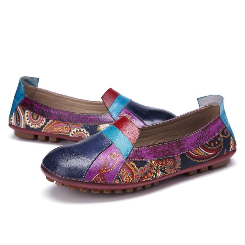 Böhmisches Weiches Leder Für Damen Mit Floralem Spleißen Bequeme Lässige Slip On Loafer Flache Schuhe