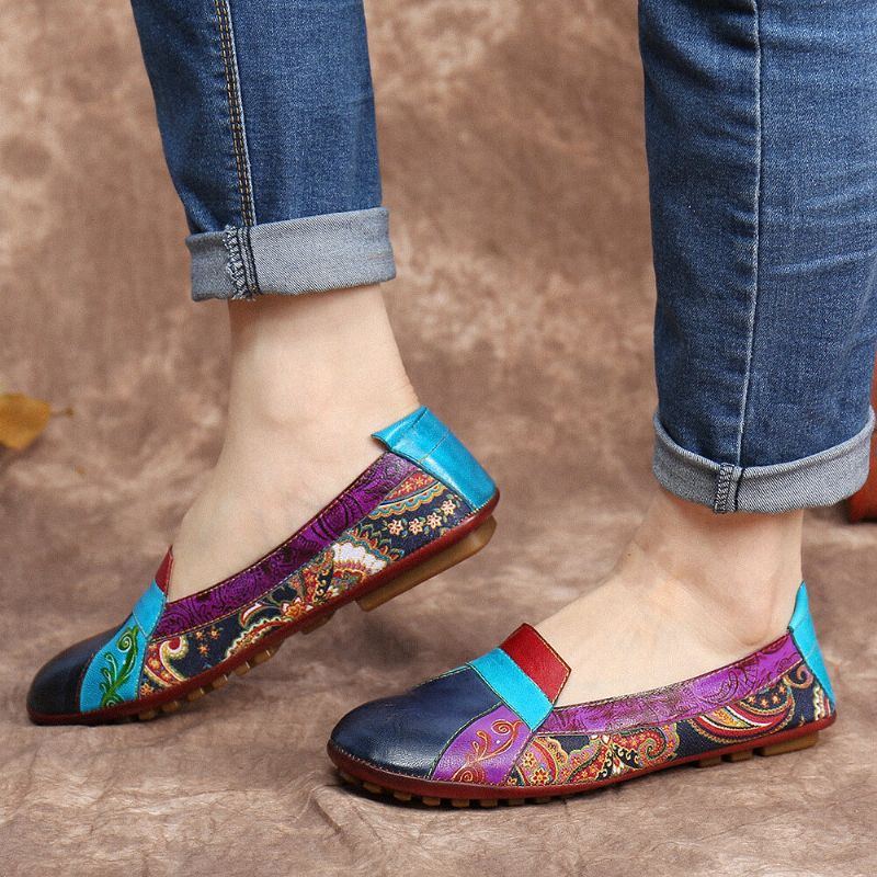 Böhmisches Weiches Leder Für Damen Mit Floralem Spleißen Bequeme Lässige Slip On Loafer Flache Schuhe