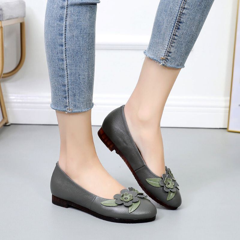 Damen Blumendekor Bequeme Sohle Aus Weichem Leder Loafer