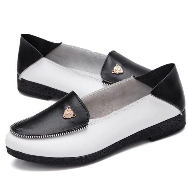 Damen Casual Lederschuhe Slip On Round Toe Loafers Weiche Sohle Bequeme Wohnungen