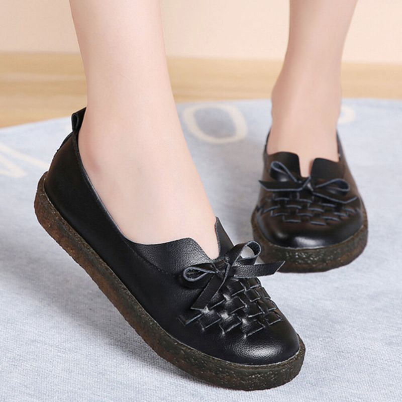 Damen Leder Zum Hineinschlüpfen Einfarbig Gewebt Bowknot Asakuchi Flats Loafer Schuhe