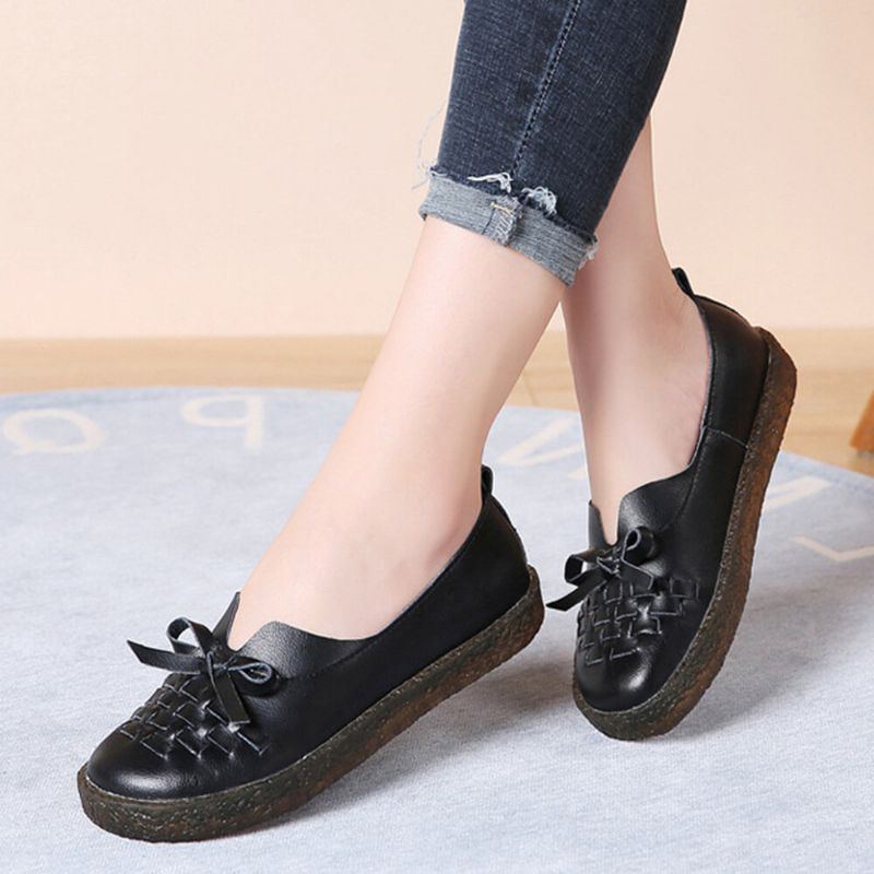 Damen Leder Zum Hineinschlüpfen Einfarbig Gewebt Bowknot Asakuchi Flats Loafer Schuhe