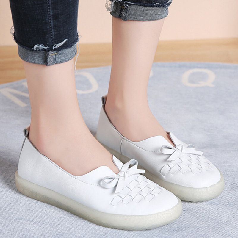 Damen Leder Zum Hineinschlüpfen Einfarbig Gewebt Bowknot Asakuchi Flats Loafer Schuhe