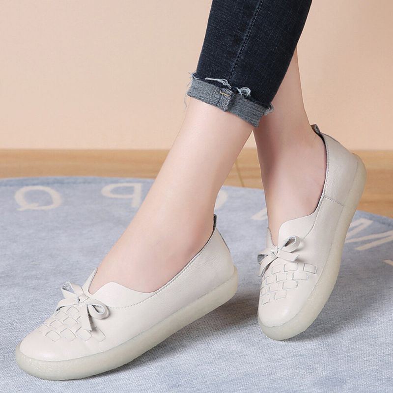 Damen Leder Zum Hineinschlüpfen Einfarbig Gewebt Bowknot Asakuchi Flats Loafer Schuhe