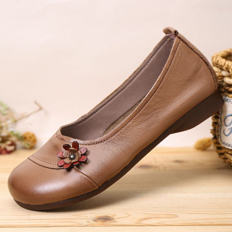 Damen Lederblumen Zum Hineinschlüpfen Flache Loafer Schuhe