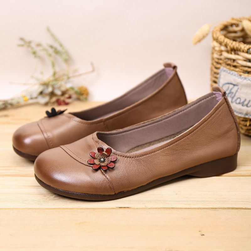 Damen Lederblumen Zum Hineinschlüpfen Flache Loafer Schuhe