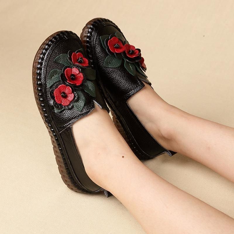 Damen Loafer Aus Echtem Leder Mit Weichen Sohlen Und Blumen