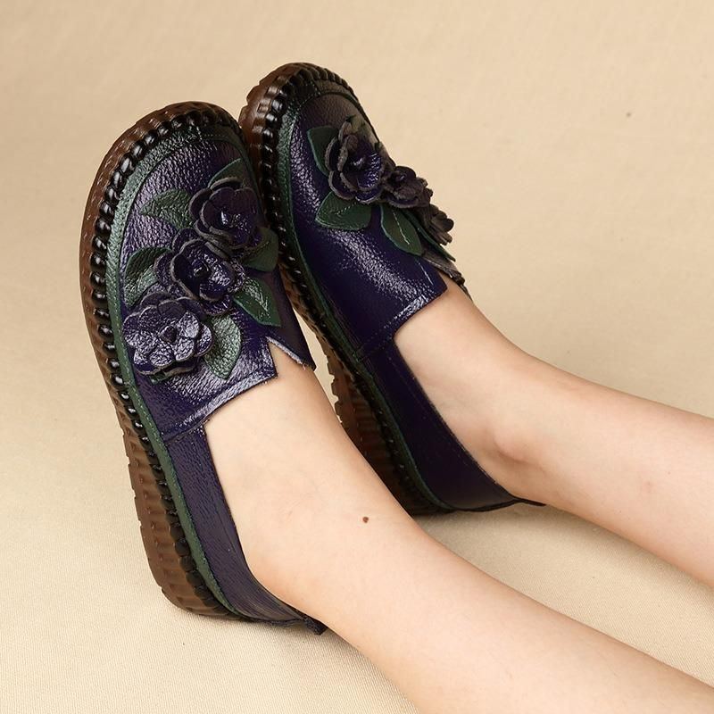 Damen Loafer Aus Echtem Leder Mit Weichen Sohlen Und Blumen