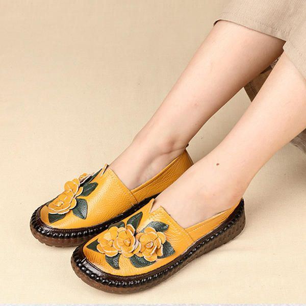 Damen Loafer Aus Echtem Leder Mit Weichen Sohlen Und Blumen