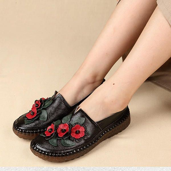 Damen Loafer Aus Echtem Leder Mit Weichen Sohlen Und Blumen