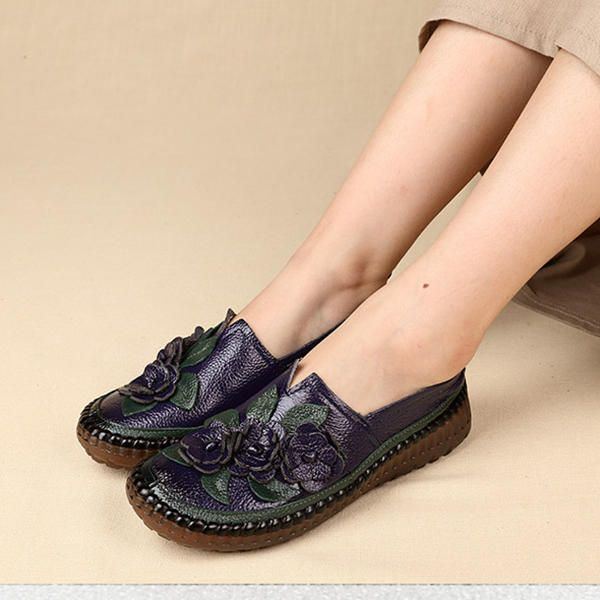 Damen Loafer Aus Echtem Leder Mit Weichen Sohlen Und Blumen