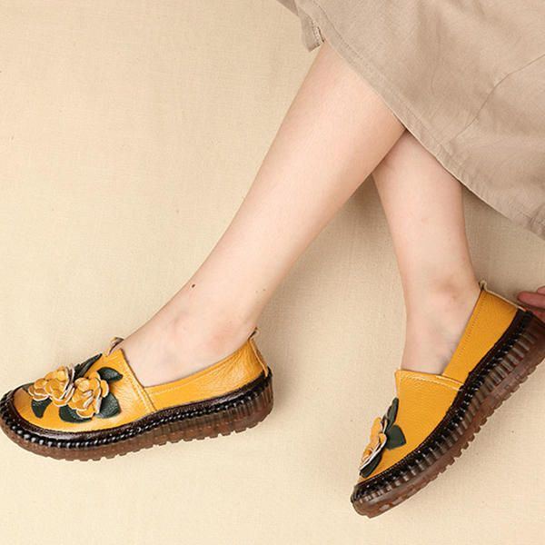 Damen Loafer Aus Echtem Leder Mit Weichen Sohlen Und Blumen