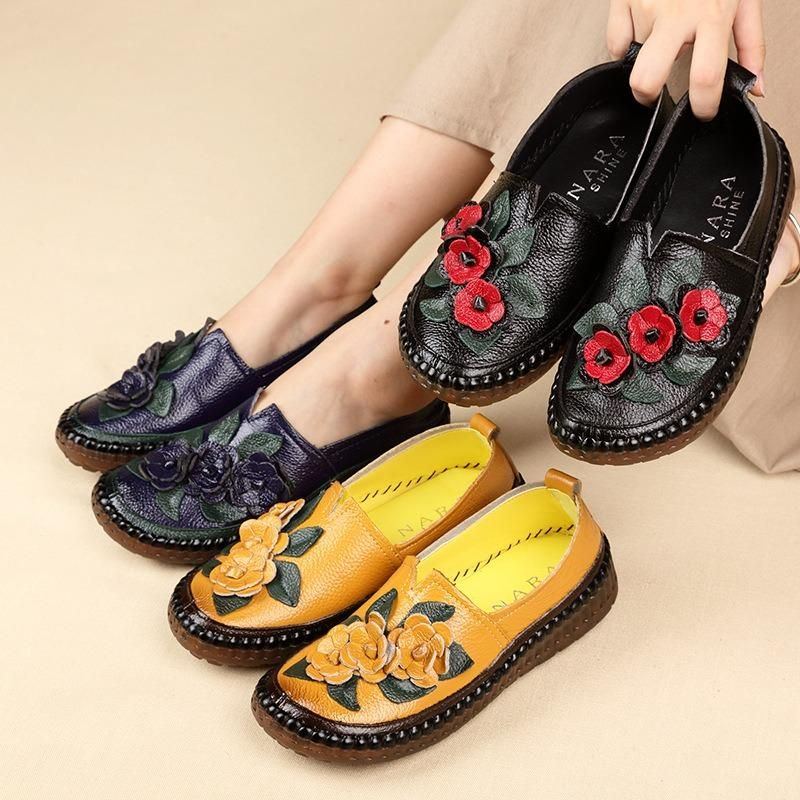 Damen Loafer Aus Echtem Leder Mit Weichen Sohlen Und Blumen