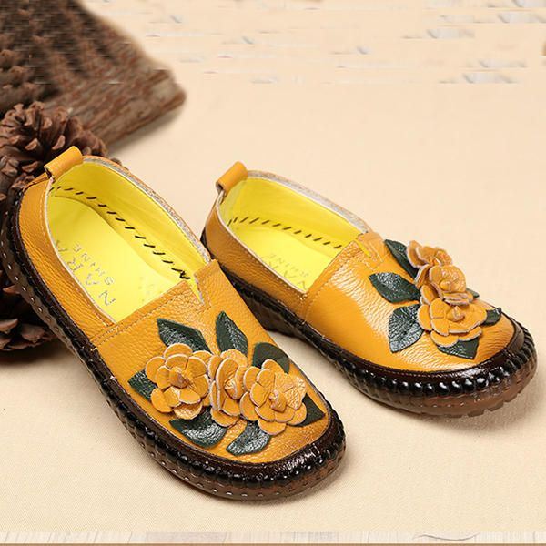 Damen Loafer Aus Echtem Leder Mit Weichen Sohlen Und Blumen