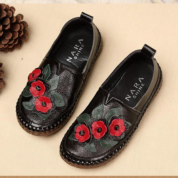 Damen Loafer Aus Echtem Leder Mit Weichen Sohlen Und Blumen