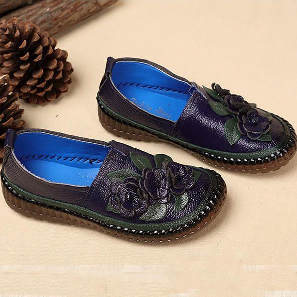 Damen Loafer Aus Echtem Leder Mit Weichen Sohlen Und Blumen