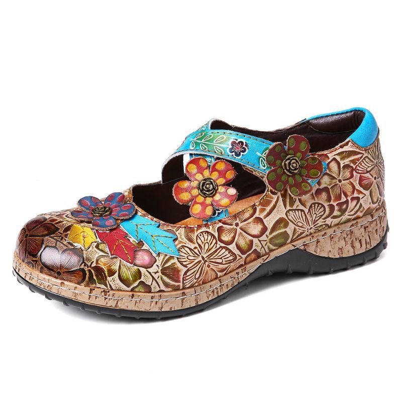 Damen Retro Blumen Echtes Leder Spleißen Kreuzriemen Blumen Klettverschluss Flache Schuhe