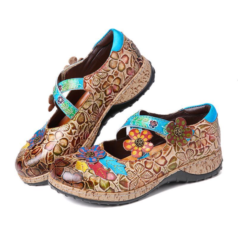 Damen Retro Blumen Echtes Leder Spleißen Kreuzriemen Blumen Klettverschluss Flache Schuhe