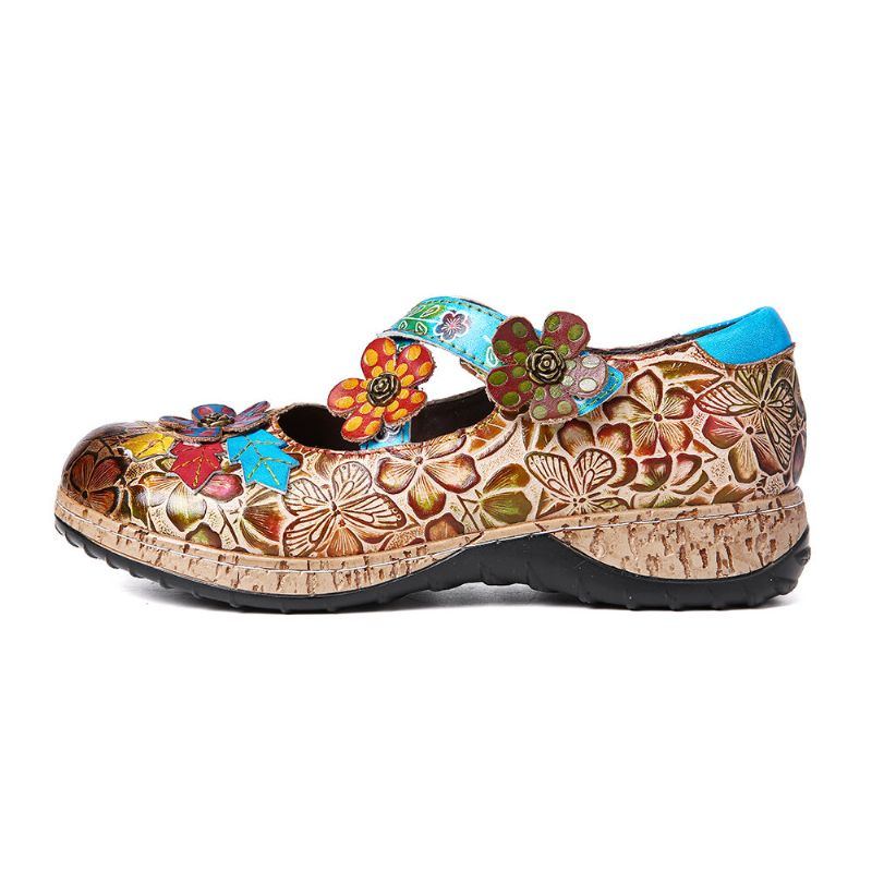 Damen Retro Blumen Echtes Leder Spleißen Kreuzriemen Blumen Klettverschluss Flache Schuhe