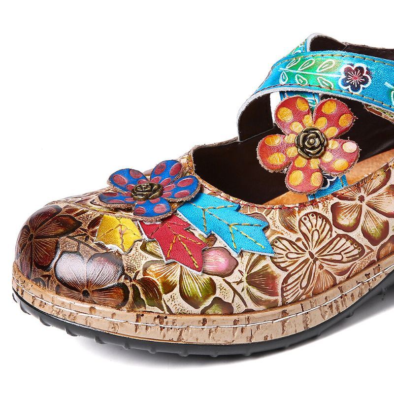 Damen Retro Blumen Echtes Leder Spleißen Kreuzriemen Blumen Klettverschluss Flache Schuhe