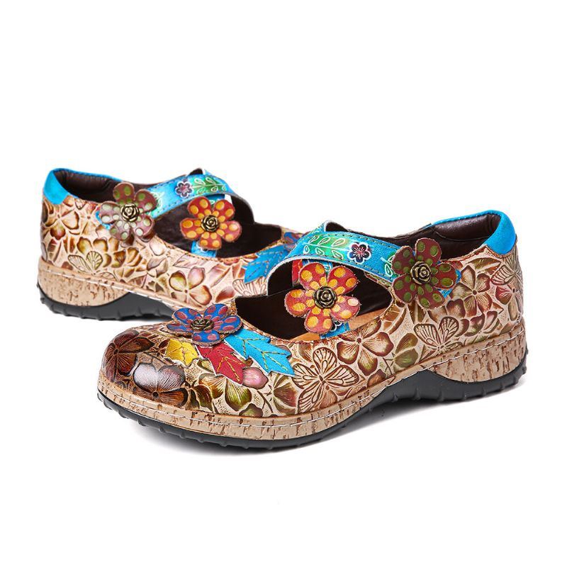 Damen Retro Blumen Echtes Leder Spleißen Kreuzriemen Blumen Klettverschluss Flache Schuhe