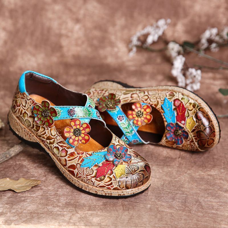 Damen Retro Blumen Echtes Leder Spleißen Kreuzriemen Blumen Klettverschluss Flache Schuhe