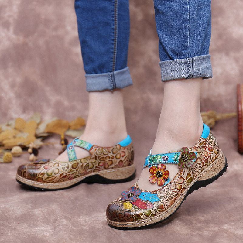 Damen Retro Blumen Echtes Leder Spleißen Kreuzriemen Blumen Klettverschluss Flache Schuhe