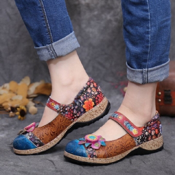 Damen Retro Blumenspleißen Aus Echtem Leder Mit Klettverschluss Und Flachen Schuhen