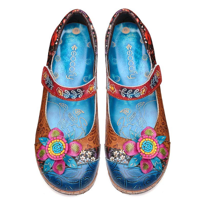 Damen Retro Blumenspleißen Aus Echtem Leder Mit Klettverschluss Und Flachen Schuhen