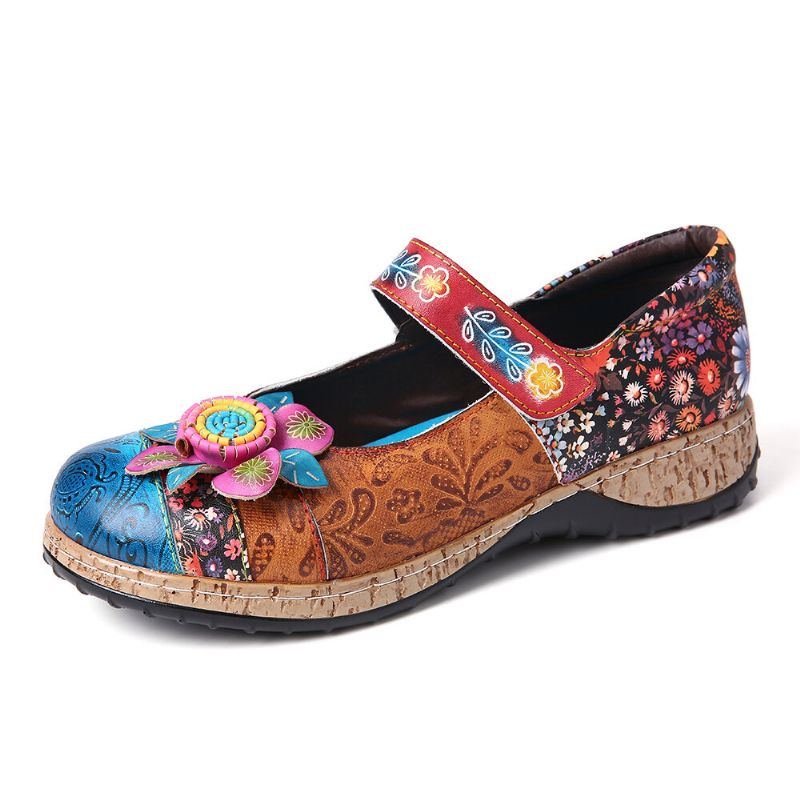 Damen Retro Blumenspleißen Aus Echtem Leder Mit Klettverschluss Und Flachen Schuhen