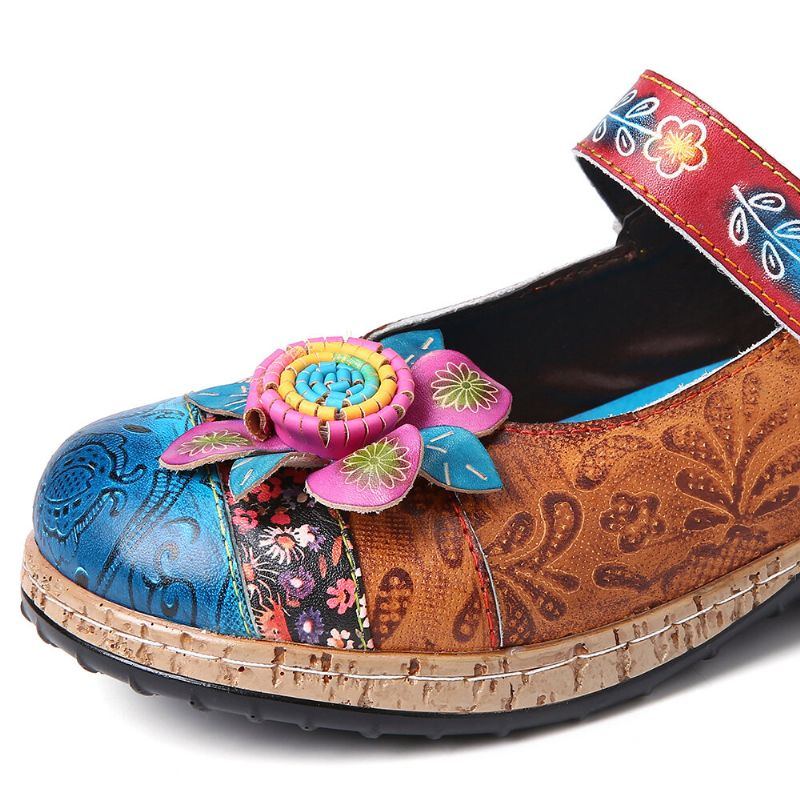 Damen Retro Blumenspleißen Aus Echtem Leder Mit Klettverschluss Und Flachen Schuhen