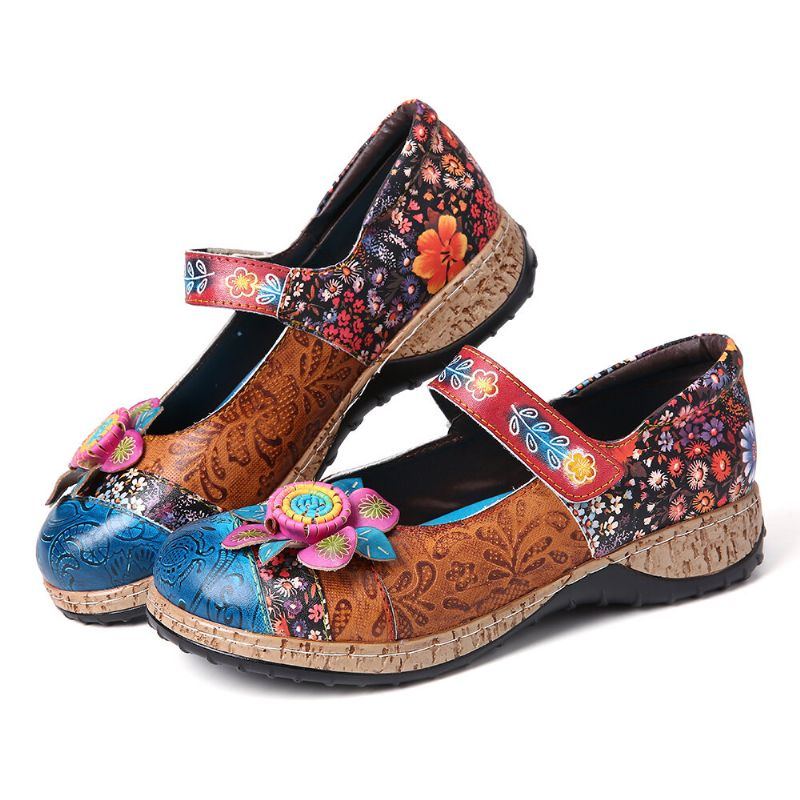 Damen Retro Blumenspleißen Aus Echtem Leder Mit Klettverschluss Und Flachen Schuhen