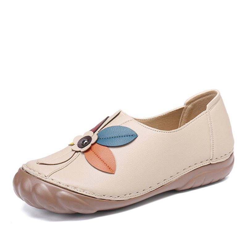 Damen Retro Flower Stitching Bequeme Runde Toe Slip On Flache Loafer Schuhe