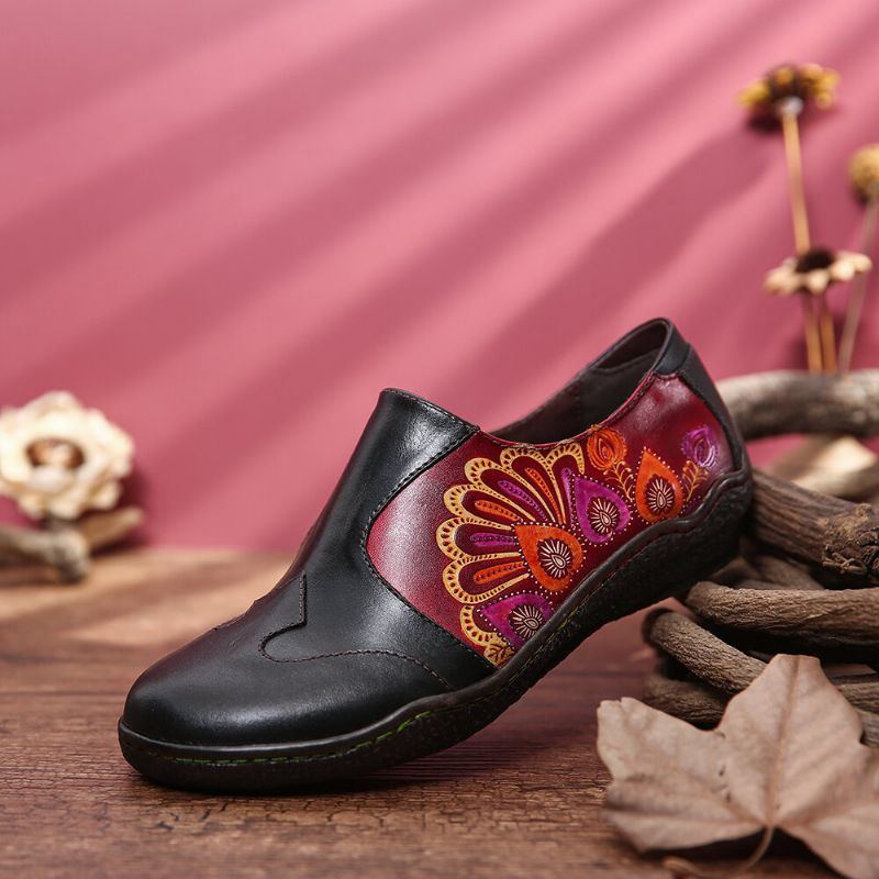 Damen Retro Spleißen Blumenmuster Bequeme Echtleder Seitlicher Reißverschluss Beiläufige Flache Schuhe