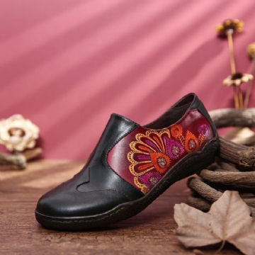 Damen Retro Spleißen Blumenmuster Bequeme Echtleder Seitlicher Reißverschluss Beiläufige Flache Schuhe