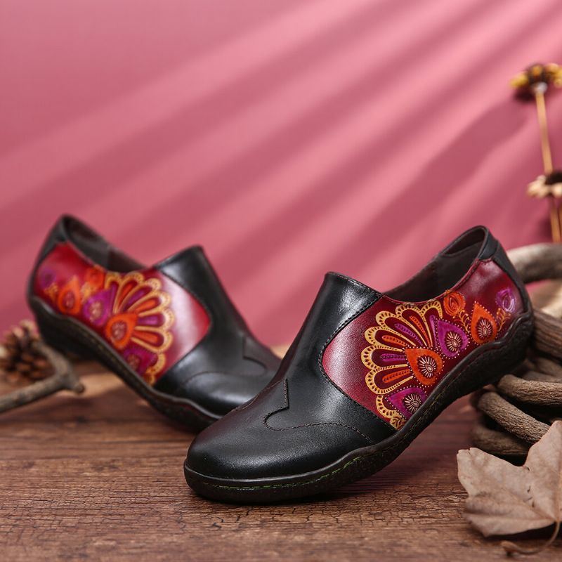 Damen Retro Spleißen Blumenmuster Bequeme Echtleder Seitlicher Reißverschluss Beiläufige Flache Schuhe