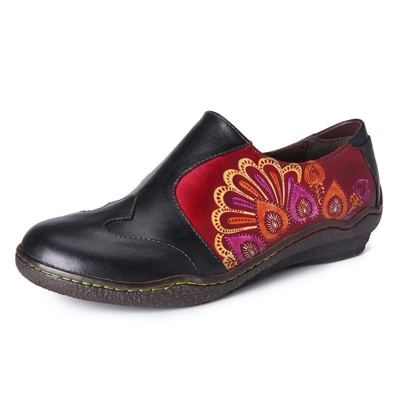 Damen Retro Spleißen Blumenmuster Bequeme Echtleder Seitlicher Reißverschluss Beiläufige Flache Schuhe