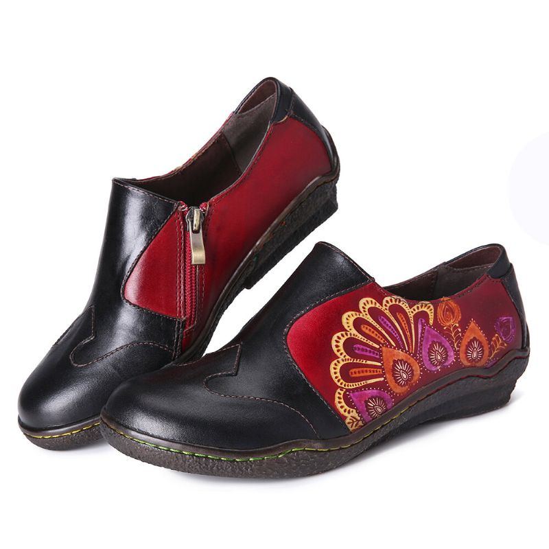 Damen Retro Spleißen Blumenmuster Bequeme Echtleder Seitlicher Reißverschluss Beiläufige Flache Schuhe