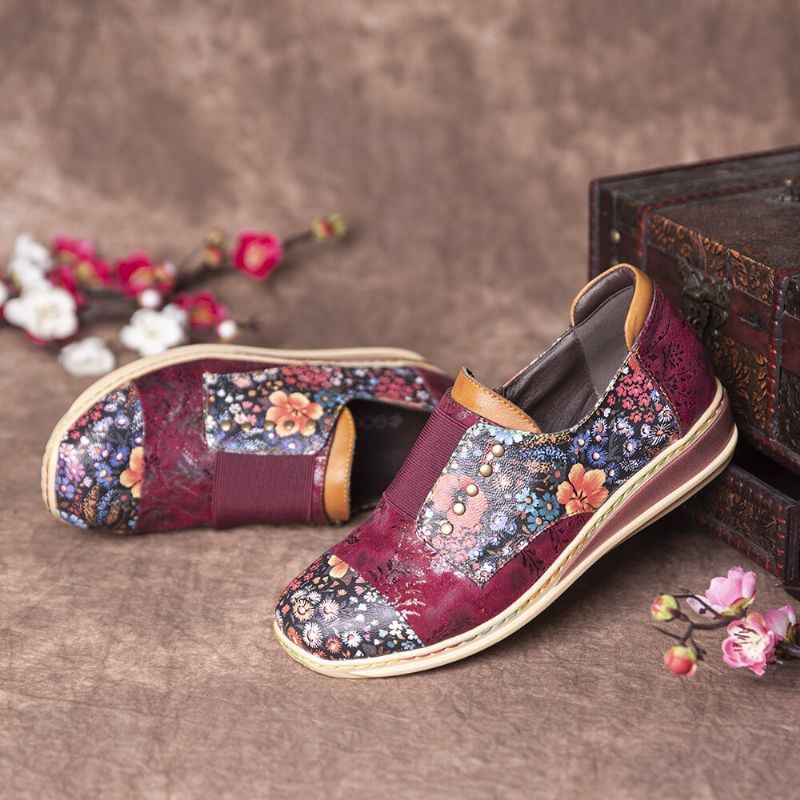 Damen Retro Spleißschuhe Mit Kleinen Blumen Aus Echtem Leder Mit Flachem Reißverschluss