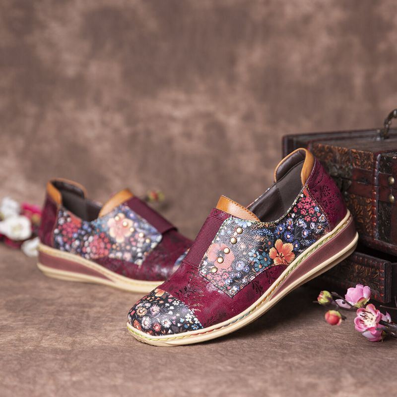 Damen Retro Spleißschuhe Mit Kleinen Blumen Aus Echtem Leder Mit Flachem Reißverschluss