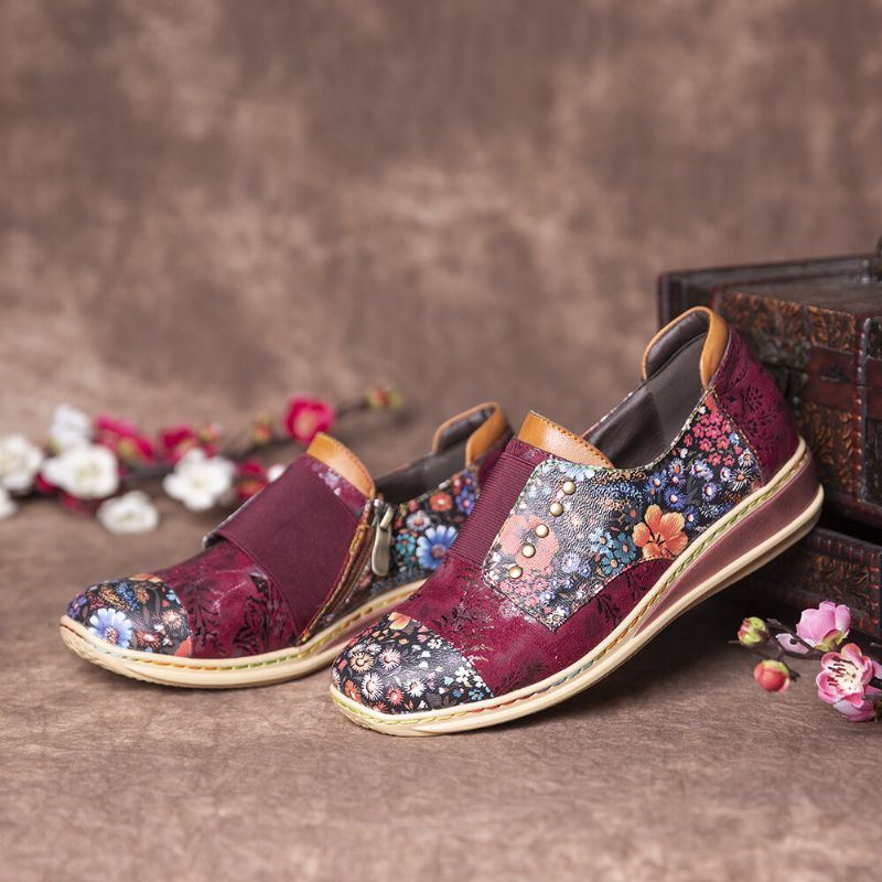 Damen Retro Spleißschuhe Mit Kleinen Blumen Aus Echtem Leder Mit Flachem Reißverschluss