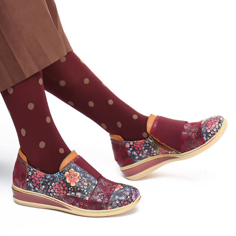 Damen Retro Spleißschuhe Mit Kleinen Blumen Aus Echtem Leder Mit Flachem Reißverschluss