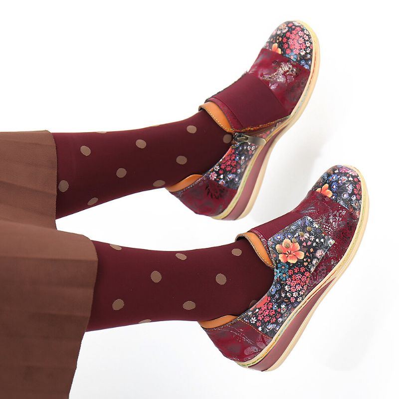 Damen Retro Spleißschuhe Mit Kleinen Blumen Aus Echtem Leder Mit Flachem Reißverschluss