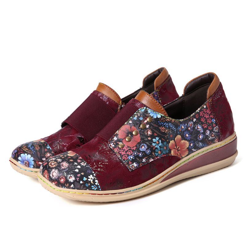 Damen Retro Spleißschuhe Mit Kleinen Blumen Aus Echtem Leder Mit Flachem Reißverschluss