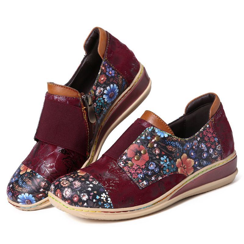 Damen Retro Spleißschuhe Mit Kleinen Blumen Aus Echtem Leder Mit Flachem Reißverschluss