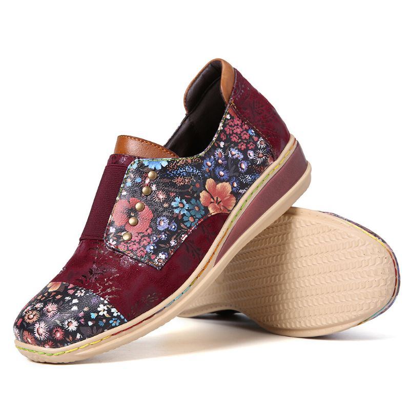 Damen Retro Spleißschuhe Mit Kleinen Blumen Aus Echtem Leder Mit Flachem Reißverschluss