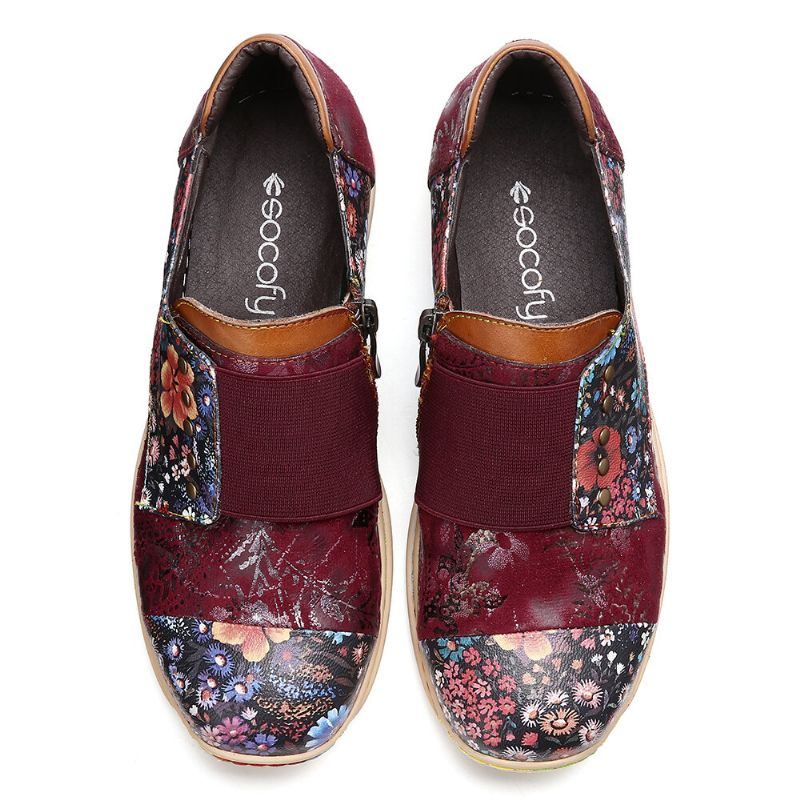 Damen Retro Spleißschuhe Mit Kleinen Blumen Aus Echtem Leder Mit Flachem Reißverschluss