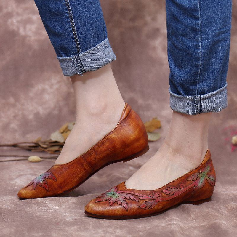 Damen Retro Splicing Vine Bequeme Echte Lederschuhe Zum Hineinschlüpfen Mit Spitzen Zehen